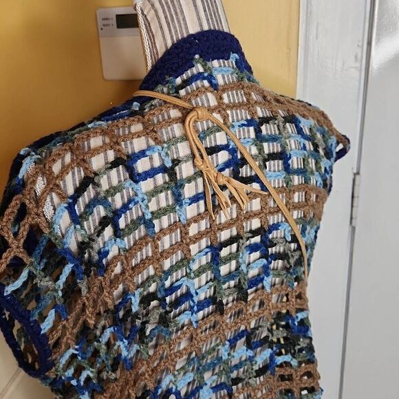 Handmade crochet knit blue open sweater women's size S/M with tan crossbody - Picture 6 of 9